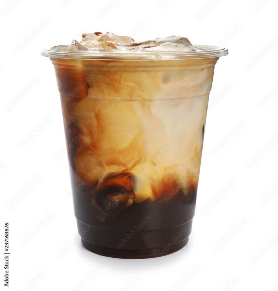 Plastic cup of cold coffee on white background - obrazy, fototapety, plakaty 