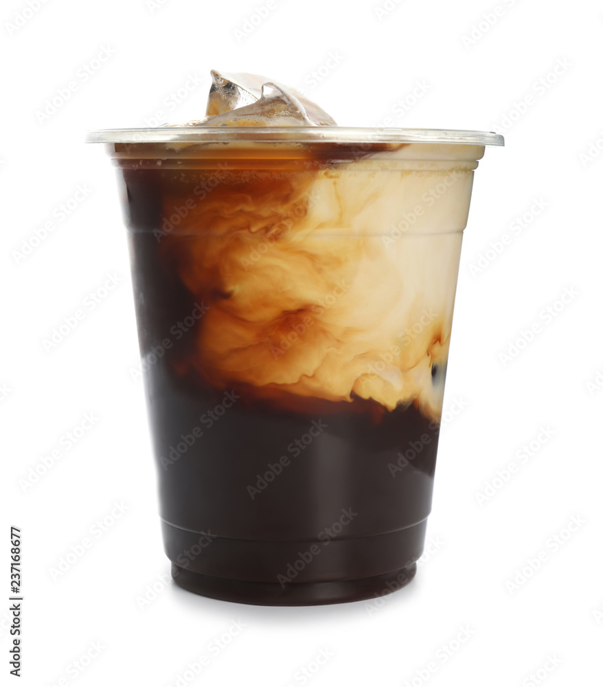 Plastic cup of cold coffee on white background