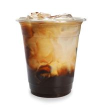 Plastic Cup Of Cold Coffee On White Background