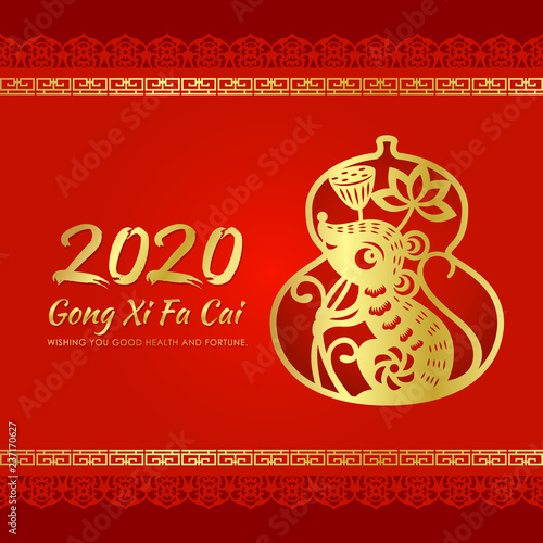 Happy Chinese New Year 2020 Banner With Gold Paper Cut Rat Zodiac