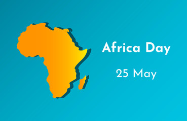 Vector illustration card with orange silhouette of continent Africa. Text Africa Day. 25 May. Blue background