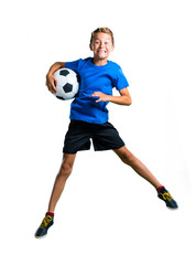 Wall Mural - A full-length shot of Boy playing soccer and jumping on isolated white background