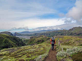 hiker man alone into the wild admiring volcanic landscape of green icelandic valley. laugavegur hiki