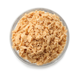 bowl with maple sugar flakes on white background
