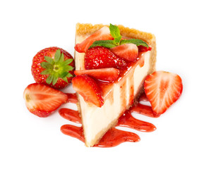 Wall Mural - Piece of cheesecake with fresh strawberries and mint