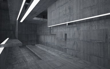  Empty dark abstract concrete room interior. Architectural background. Night view of the illuminated. 3D illustration and rendering