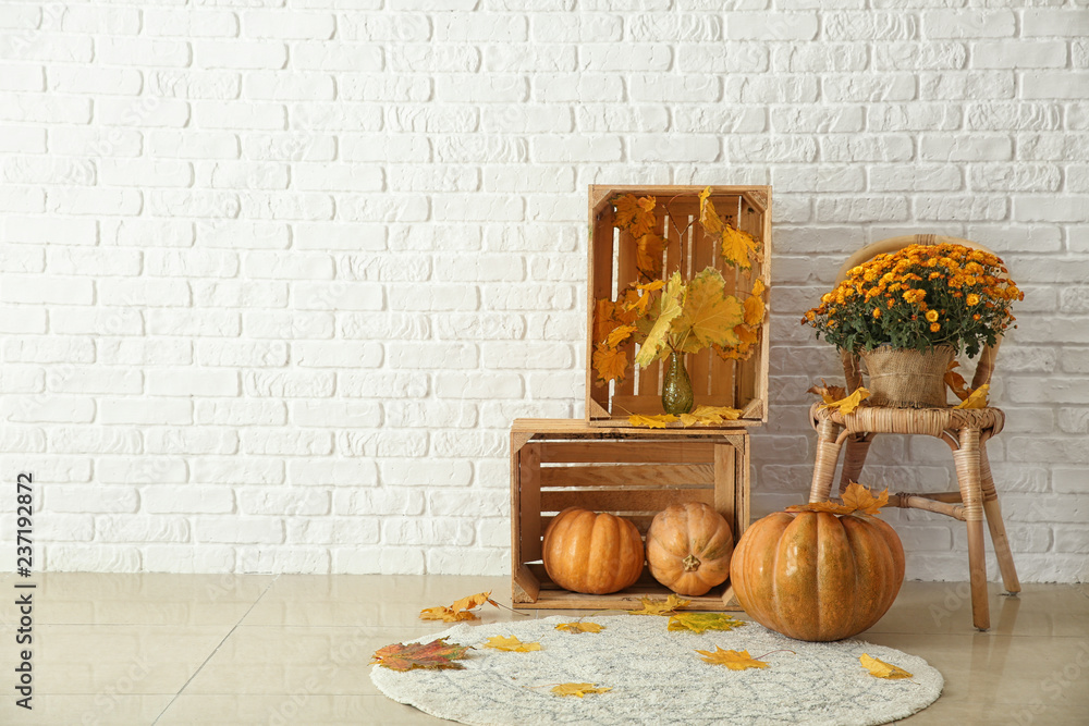 Beautiful autumn composition with pumpkins and leaves near white brick ...