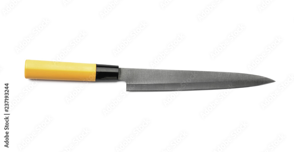 Knife with plastic handle on white background
