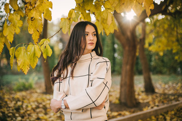 A portrait of a beautiful stylish young brunette woman in autumn park 