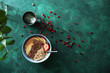 Leinwandbild Motiv Bowl with tasty oatmeal, sliced pear and cup of tea on color table