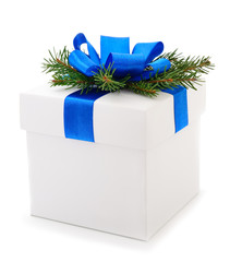 Wall Mural - White gift box with blue ribbon