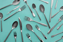 Set Of Cutlery On Color Background, Flat Lay