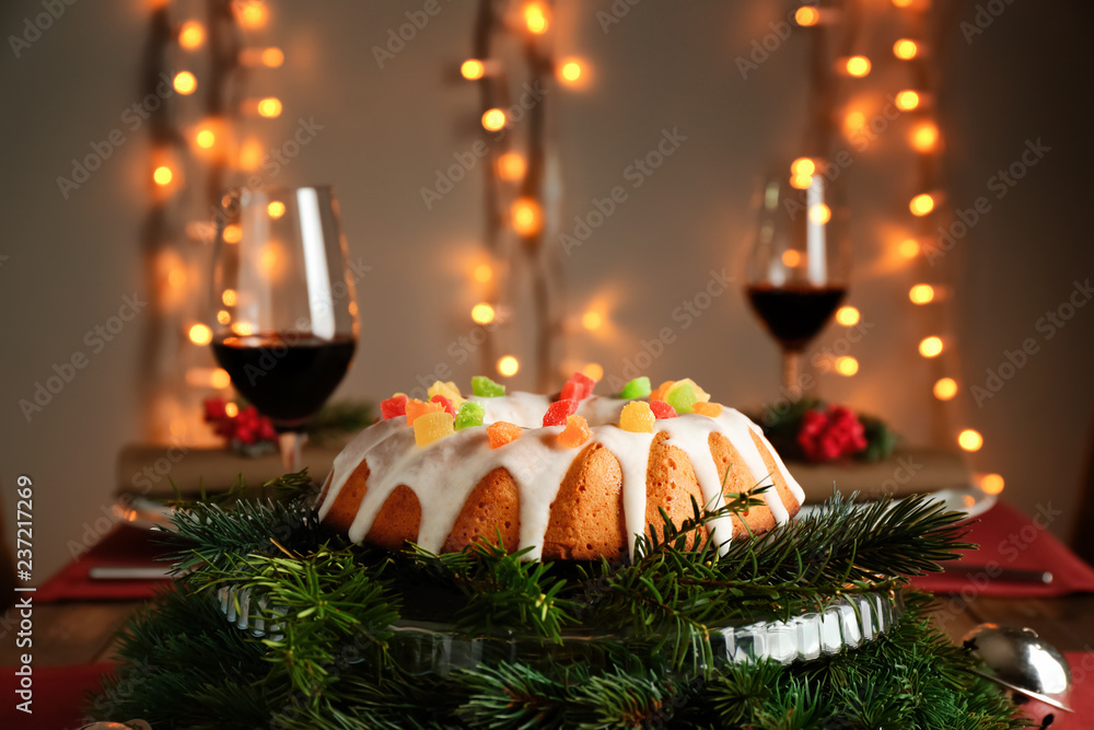 Beautiful tasty Christmas pie on festive table