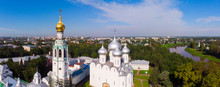 Saint Sophia Orthodox Cathedral And Church Of Resurrection Of Jesus, The Kremlin Square Of The Old City In A Sunny Summer Day In Vologda Kremlin.