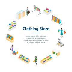 Sticker - Clothing Store Interior with Furniture Banner Card Circle Isometric View. Vector