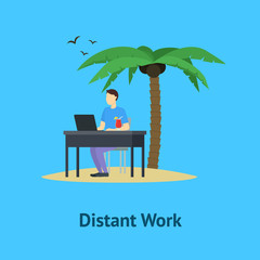 Poster - Cartoon Distant Work Men Card Poster. Vector