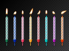 Birthday Cake Candles With Burning Flames Isolated On Dark Transparent Background. Vector Design Elements.