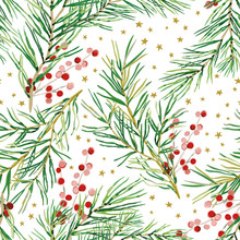 Christmas Seamless Pattern, White Background. Green Pine Twigs, Red Berries, Stars. Vector Illustration. Nature Design. Season Greeting Digital Paper. Winter Xmas Holidays