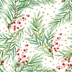 Christmas seamless pattern, white background. Green pine twigs, red berries, stars. Vector illustration. Nature design. Season greeting digital paper. Winter Xmas holidays