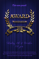 golden award sign with laurel wreath and ribbon isolated on blue curtain background. vector vertical