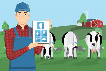 Modern farmer with digital tablet on a cattle grazing. Internet of things in cattle breeding. Vector illustration