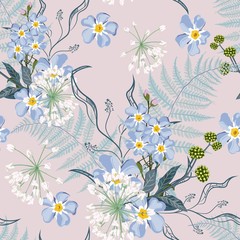 Wall Mural - Spring summer blue forget-me-not flowers with herbs, fern seamless pattern. Watercolor style floral background for invitation, fabric, wallpaper, print. Botanical texture. Beige background.