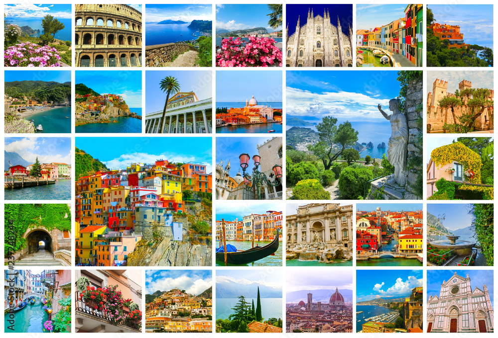 Collage of major Italian travel destinations from photos of Italy. The landscapes of Garda Lake, Venice, Capri island, of Manarola at Cinque Terre, Venice, Rome, Florence, Burano, Sorrento - obrazy, fototapety, plakaty 