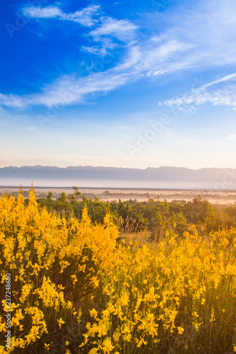 Fotografie, Obraz Croatia, Dalmatia, Velebit mountain ridge and misty fields in foreground, su