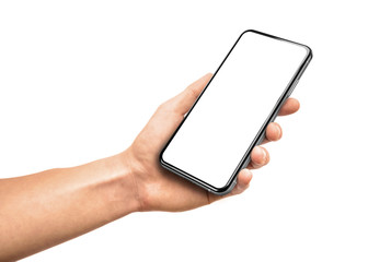 Man hand holding the black smartphone with blank screen