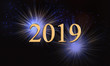 2019 new year background with fireworks. New Year's eve illustration, card with golden, bright 2019  on black background  