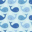 seamless vector pattern background with cute smiling whales in blue
