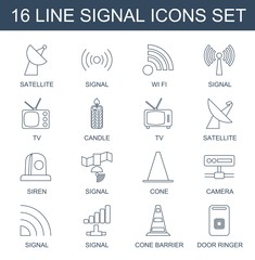 Poster - signal icons. Set of 16 line signal icons included satellite, wi fi, TV, candle, siren, cone, camera on white background. Editable signal icons for web, mobile and infographics.