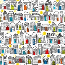 Seamless Vector Happy City Sunny Neighborhood Coloring Book Pattern In Black, White, & Colored Doors
