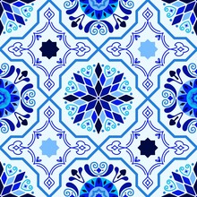Seamless Vector Modern Moorish Geometric Spanish Moroccan Ceramic Floor Tile Shapes In Indigo & Royal Blue