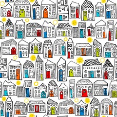  Seamless Vector Happy City Sunny Neighborhood Coloring Book Pattern in Black, White, & Colored Doors