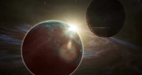 Wall Mural - Exoplanets exploration in distant space. Planet sunrise in exotic solar system with nebula gas clouds. Universe and stars light-years from earth. Cosmos concept.