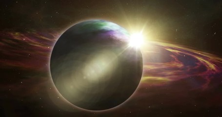 Wall Mural - Planet sunrise and space exploration. Realistic 3D flight between stars, exoplanet and nebula gas clouds in a distant solar system. Cosmos travel concept animation.