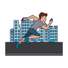 Poster - Fitness man running at city blue lines