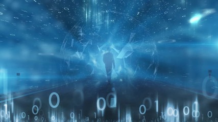 Wall Mural - futuristic walking on digital cyberspace road. artistic artificial intelligence computer background.