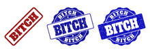 BITCH Scratched Stamp Seals In Red And Blue Colors. Vector BITCH Imprints With Grunge Texture. Graphic Elements Are Rounded Rectangles, Rosettes, Circles And Text Labels.