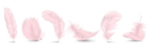 Vector 3d Realistic Different Falling Pink Fluffy Twirled Feather Set Closeup Isolated On White Background. Design Template, Clipart Of Angel Or Bird Detailed Feather In Various Shapes