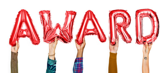 Poster - Hands showing award balloons word