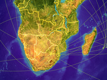 Southern Africa From Space On Earth With Country Borders And Lines Representing International Communication, Travel, Connections.