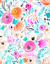 Modern, Colorful Watercolor Flower Pattern. Cute Ditsy Floral Pattern