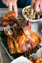 Thanksgiving: Man Carves Up Roasted Turkey On Table