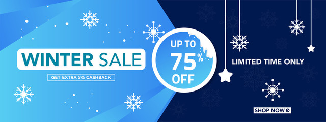 Winter sale banner template with snow flakes, ice snow shopping sale. end of winter Vector illustration