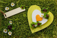 Liebesgrüsse Zum Saint Patricks Day Herz In Orange Weiss Und Grün Mit Kleeblatt  Gänseblümchen Und Holzschildchen Für Text Auf Hintergrund Aus Gras