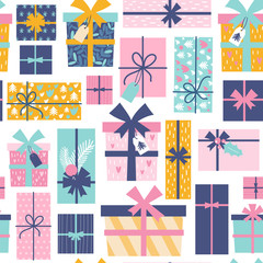 Wall Mural - Seamless pattern with Christmas present boxes. Vector illustrations