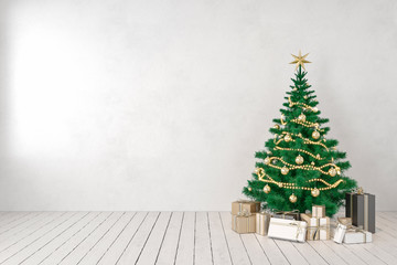 White blank wall empty interior with christmas tree and gifts. 3d render illustration mockup.