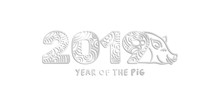 2019 Silver Laser Cut Ornate Numbers And Piggy Face Vector Illustration. Year Of The Pig Handwritten Red Lettering. Decorative Paper Cut Clipart With Wavy Pattern. Piggy Sign Greeting Card
